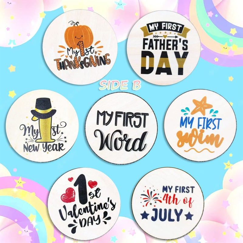 RORANIC Baby First Holiday Milestone Cards, 7 Pack Double Sided Wooden Baby Milestone Signs for Newborn Girl or Boy, Baby Shower Cards Come with Organza Gift Bag (First Special Moments) - Image 3